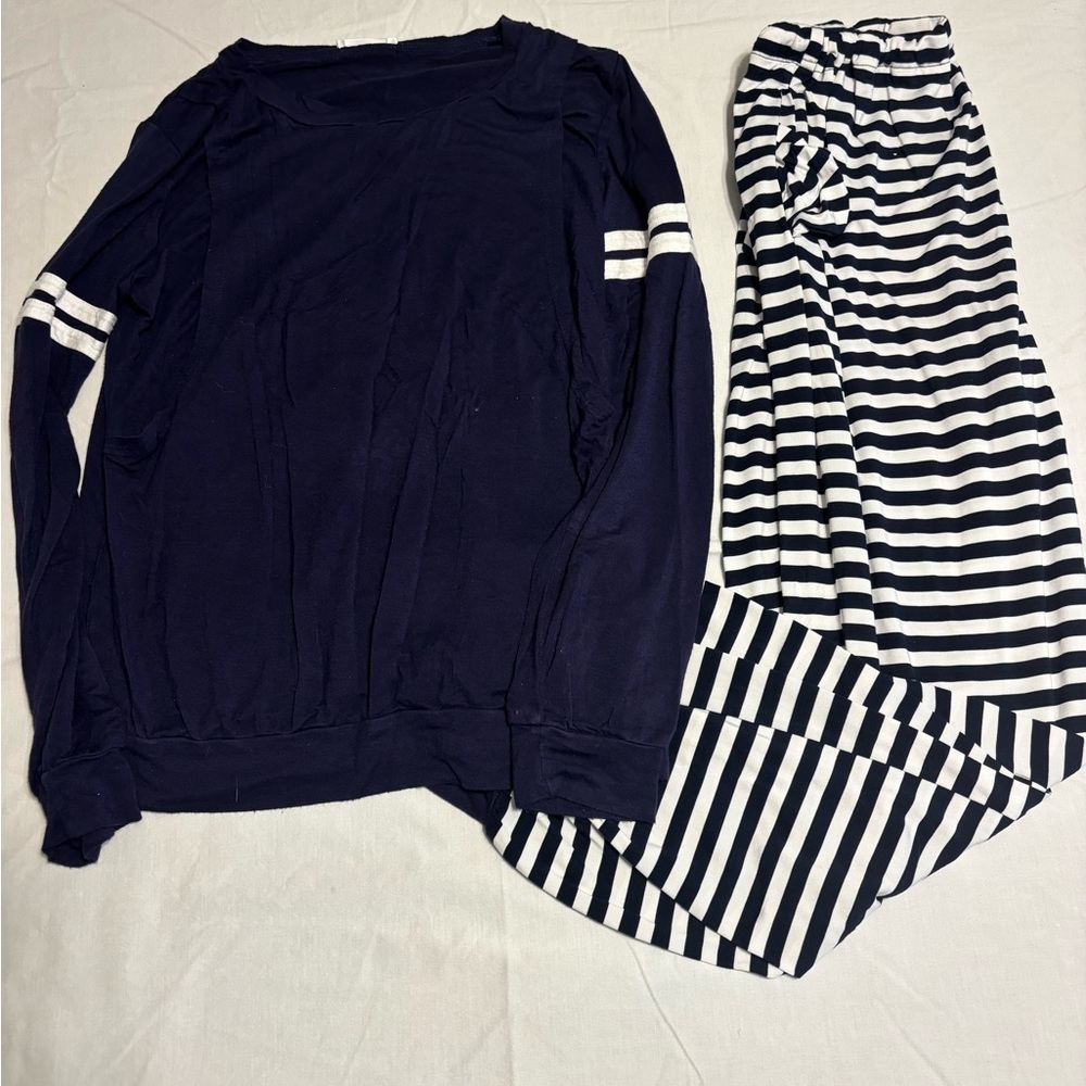 Navy and White Striped Pajama Set for Maternity or nursing mom breastfeeding M